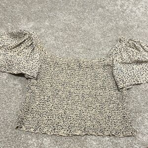 Tan and Black Smocked Ruffled Short Sleeve Blouse